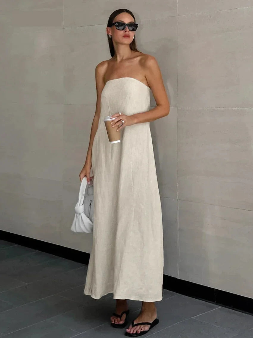 Loose Fit Cotton-Linen Strapless Maxi Dress for Sunny Days