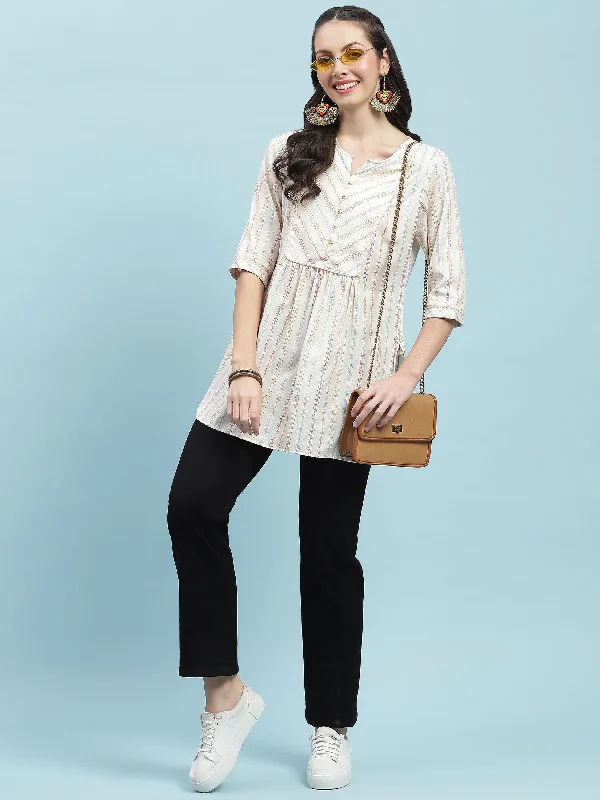 Women Off White Stripe Printed Tunic