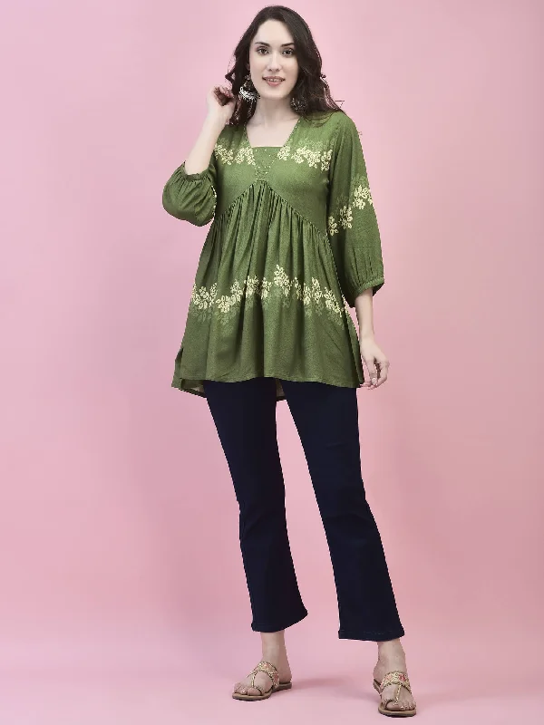 Women Liva Rayon Olive Floral Print Tunic