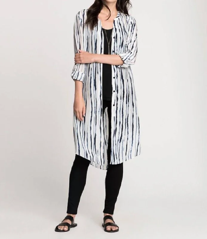 Fluid Ink Silk Blend Tunic Long Top In White, Blue