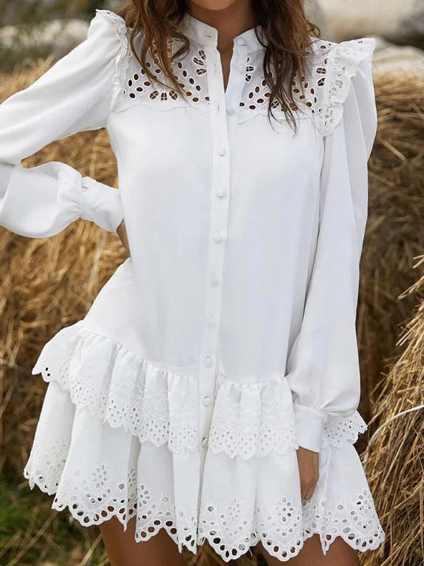 Solid Guipure Lace Accents Button Long Sleeve Ruffle Dress