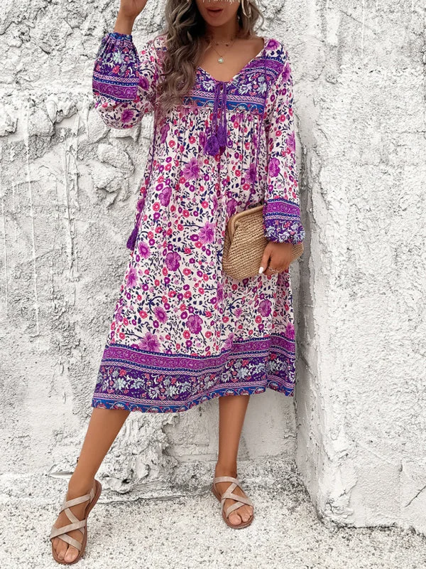 Boho Floral V-Neck Tunic Midi Dress with Lantern Sleeves