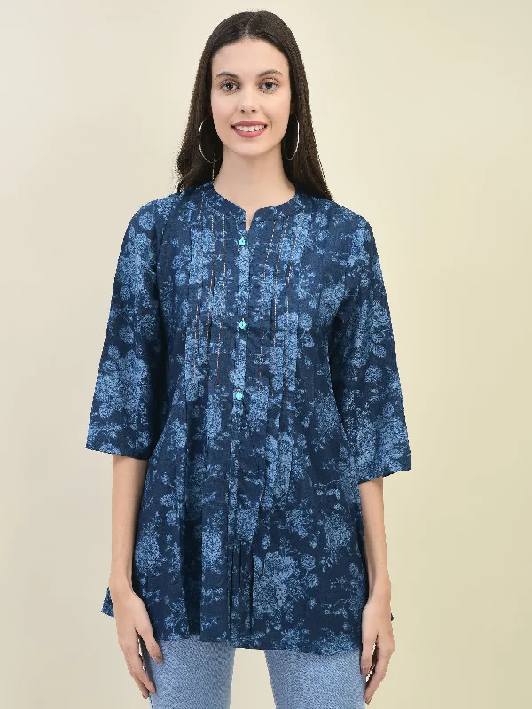 Women Liva Rayon Blue Floral Print Tunic