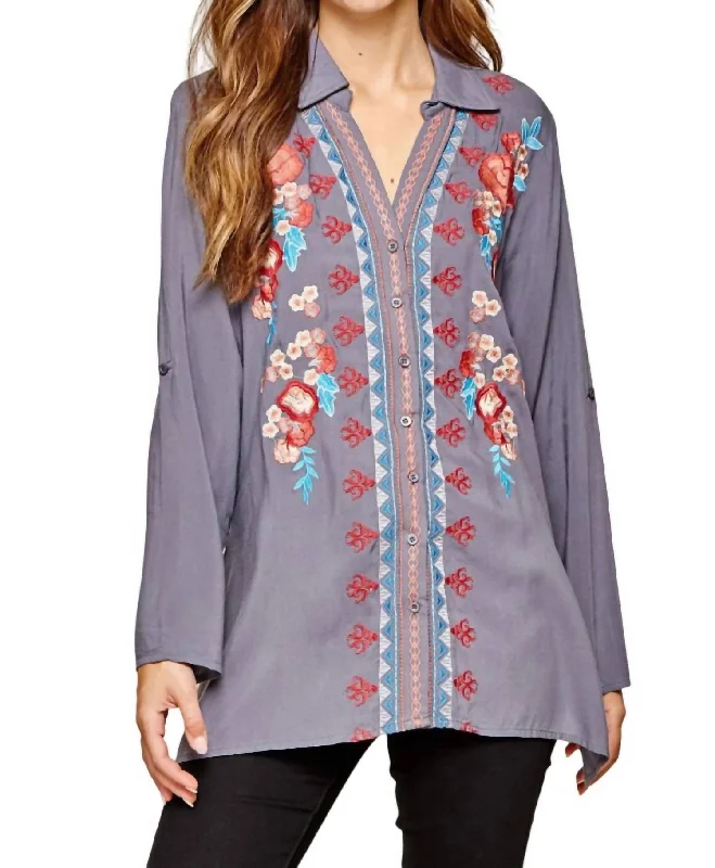 Floral Embroidered Tunic In Grey