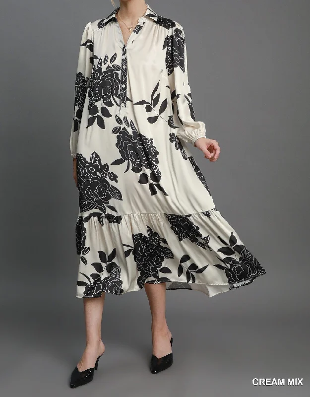 Floral Class Dress In Cream & Black - In Stock