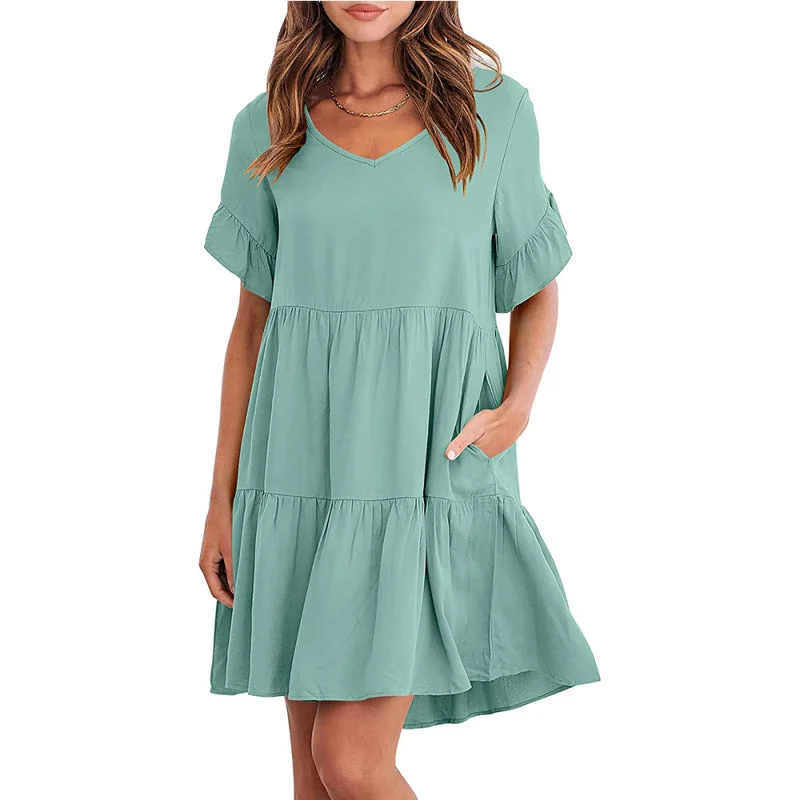 Casual Solid Flowy Tiered Mini Dress with Pockets