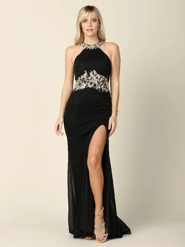 Long Formal Fitted Halter Metallic Prom Dress Sale