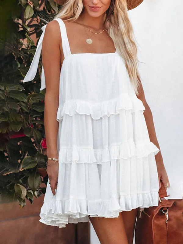 Textured Tiered Flowy Tie-Shoulder Vacation Cami Dress