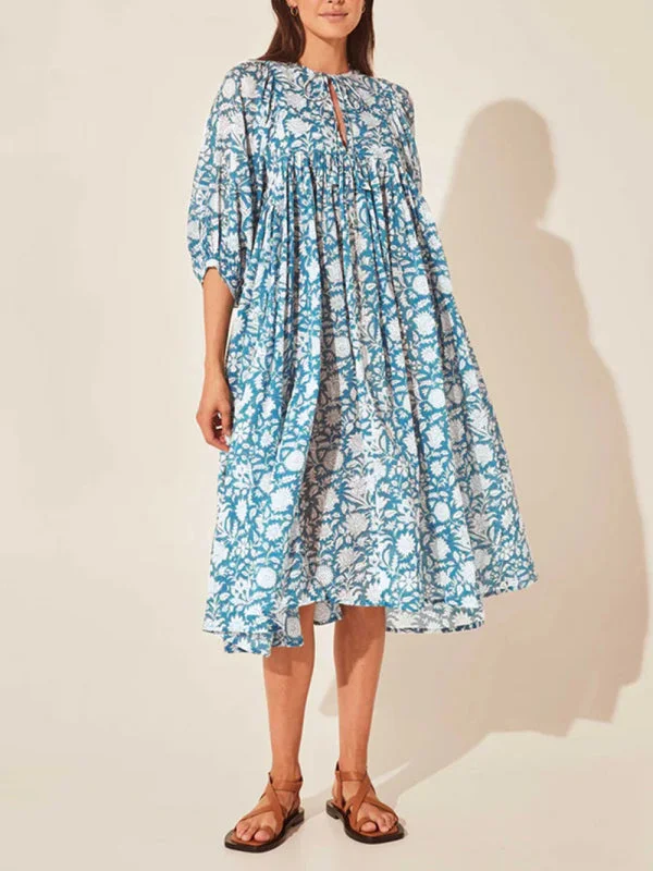 Vintage-inspired Floral Flowy Balloon Sleeve Midi Dress