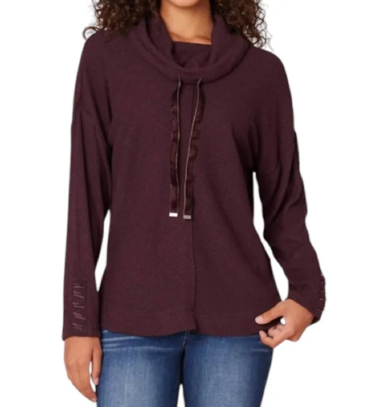 Cowl Neck Knit Tunic Top In Eggplant