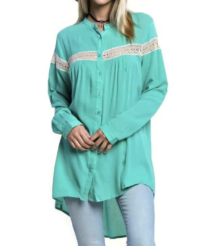 Button Up Lace Trim Tunic In Mint