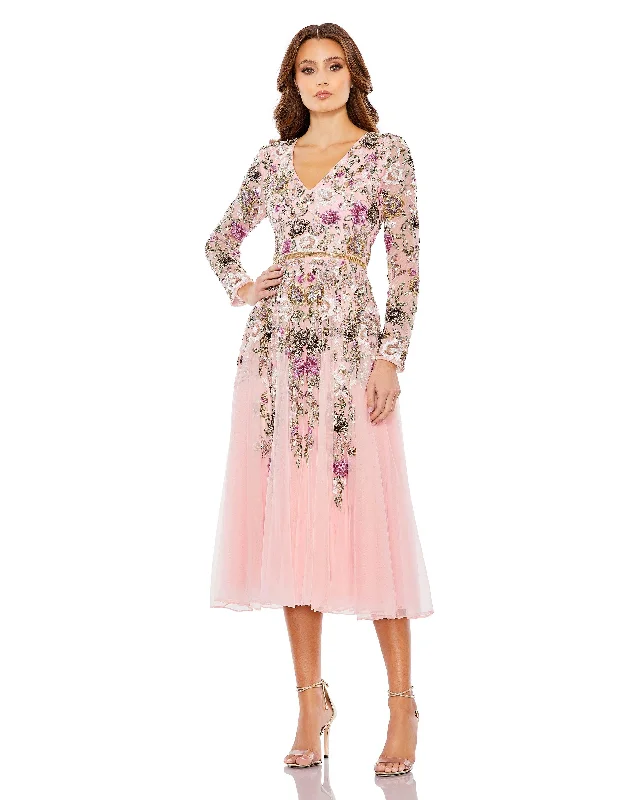 Mac Duggal 5594 Long Sleeve Formal Tea Length Dress