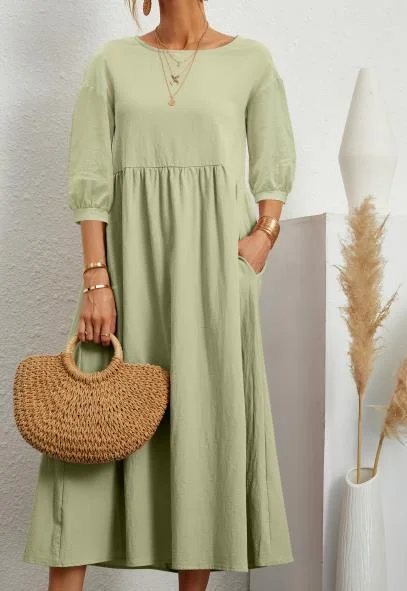 Solid Flowy Round Neck 3/4 Sleeve Midi Dress