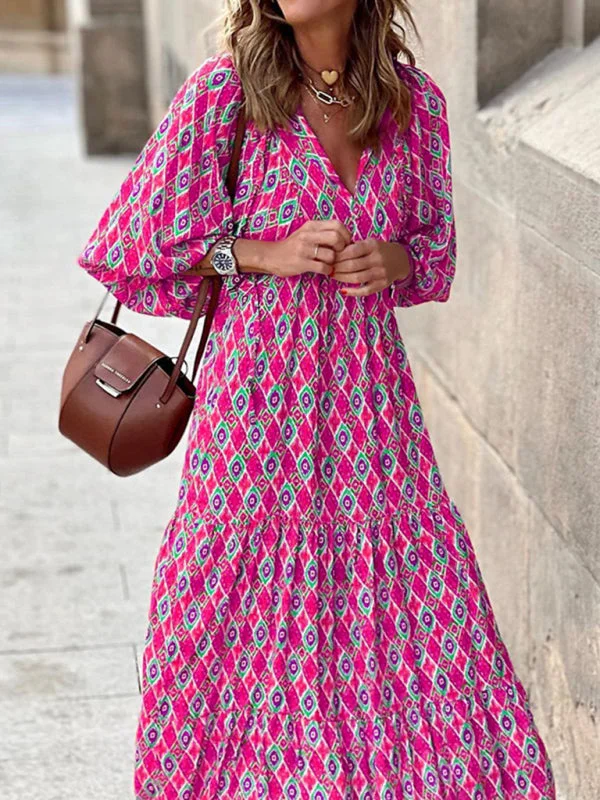 Geometric Print Puff Sleeve Tiered Holiday Maxi dress