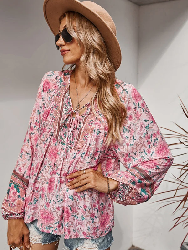 Spring Blossom Lantern Sleeve Floral Tunic Blouse