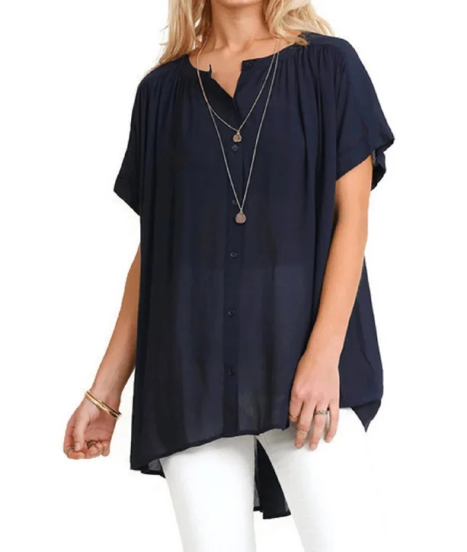 Mandarin Collar Button Up Tunic In Navy