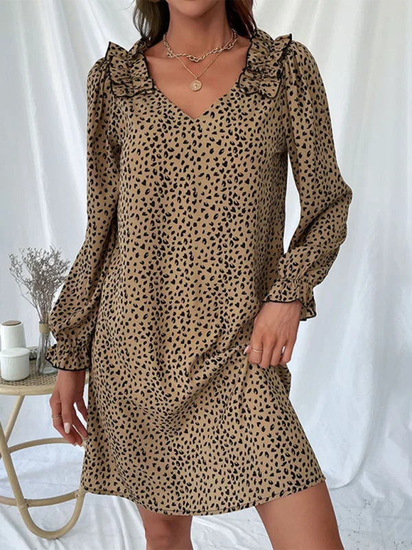 Leopard Print V Neck Long Sleeve Tunic Dress