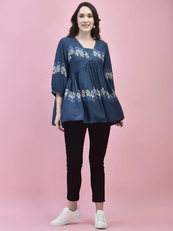 Women Liva Rayon Blue Floral Print Tunic