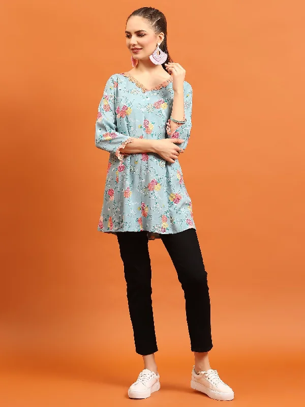 Women Sea Blue Floral Printed Tunic