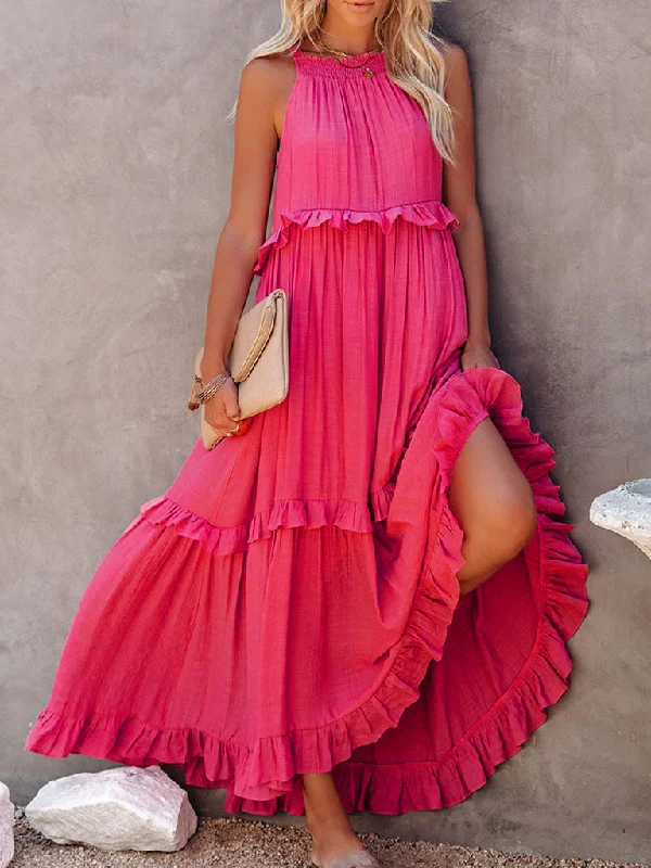 Vacation Solid A-Line Tiered Ruffle Halter Maxi Dress