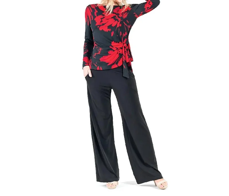 Side Tie Waist Tunic Top In Red/black