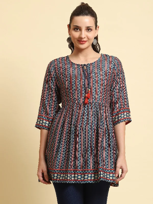 Women Navy Blue Stripe Printed Tunic