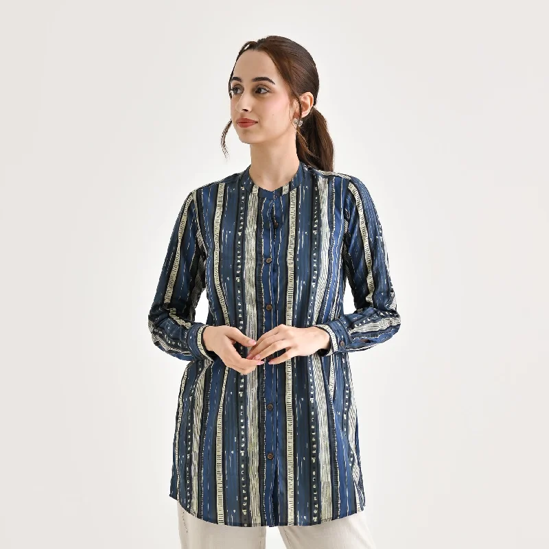 Indigo Striped Sanganeri Button Down Cotton Tunic