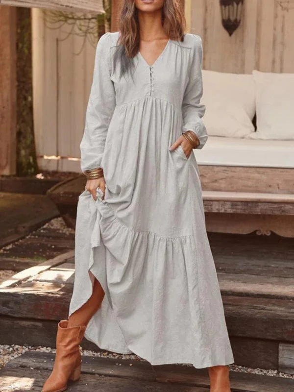 Cotton Tunic Ruffle Long Sleeve Maxi Dress