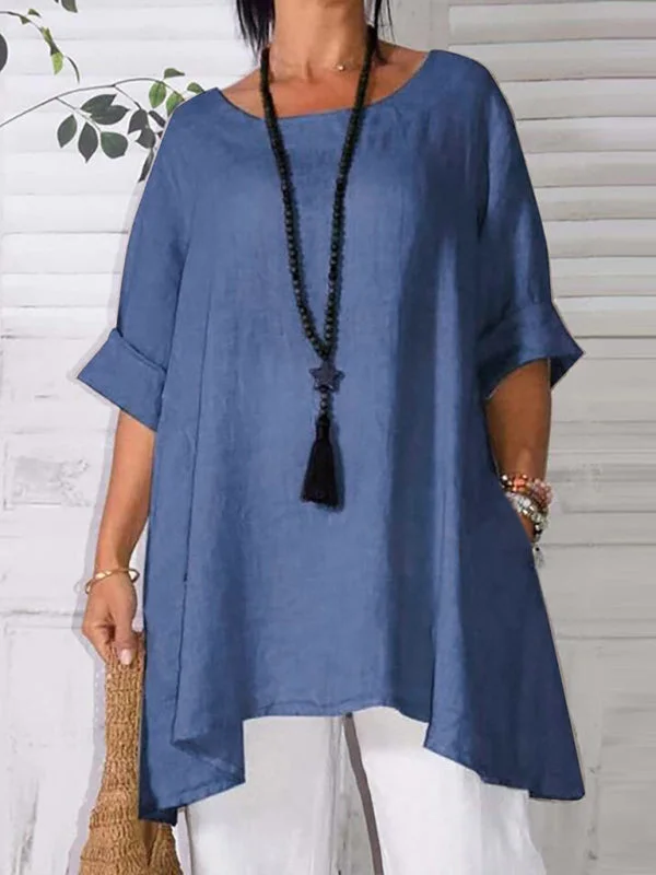 Retro Style Tunic Blouse with Asymmetric Hem