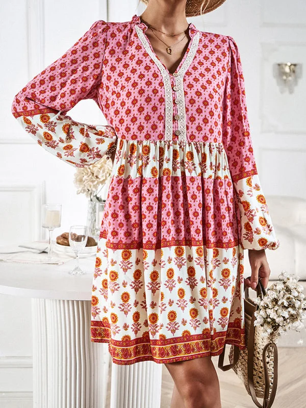 Floral V-Neck Buttons Long Sleeve Flowy Mini Dress