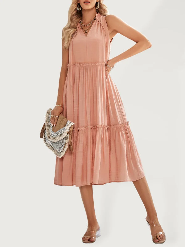 Solid Flowy Tiered Tie Midi Dress