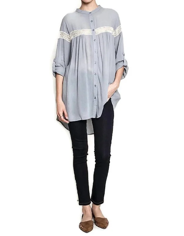 Button Up Lace Trim Tunic In Grey