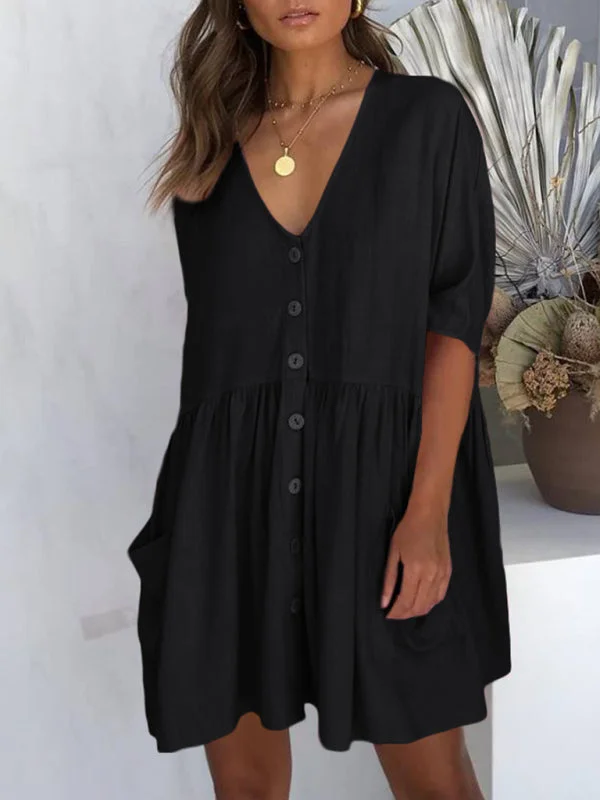 Vacation Solid Cotton Flowy Button-Up Oversized Dress