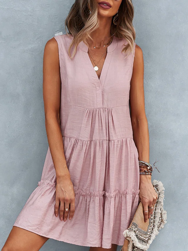 Solid Sleeveless Dress with Flowy Tiered Skirt and Loose Fit