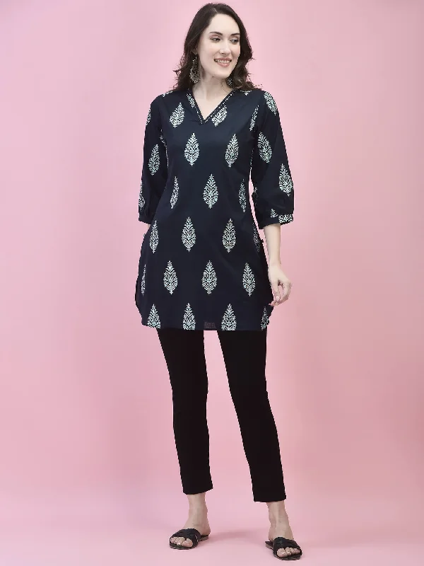 Women Cotton Navy Blue Tropical Print Tunic