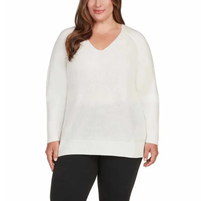 Matty M Women's Plus Relaxed Fit Ribbed Knit V-Neck Tunic Sweater