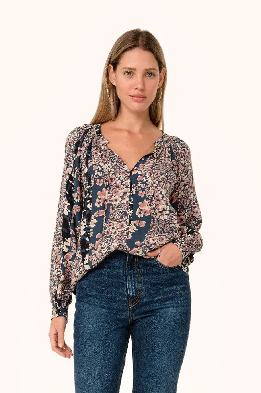 Alexa Long Sleeve Button Down Floral Print Top Navy