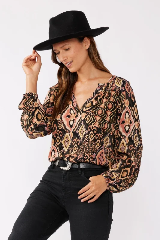 Autumn Long Sleeve Abstract Print Top Black