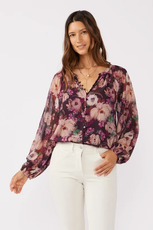 Betty Pleated Long Sleeve Button Down Floral Print Top Violet