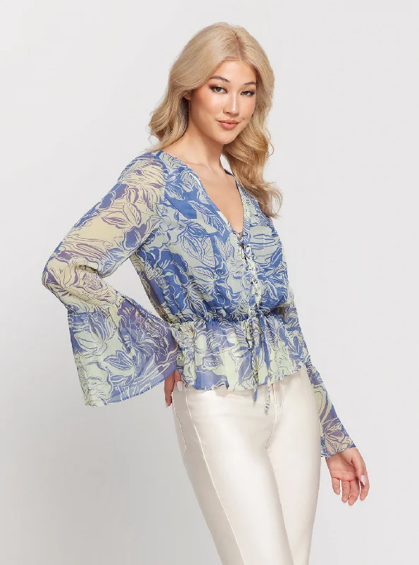 Blue Floral Print Long Sleeve Demi Top