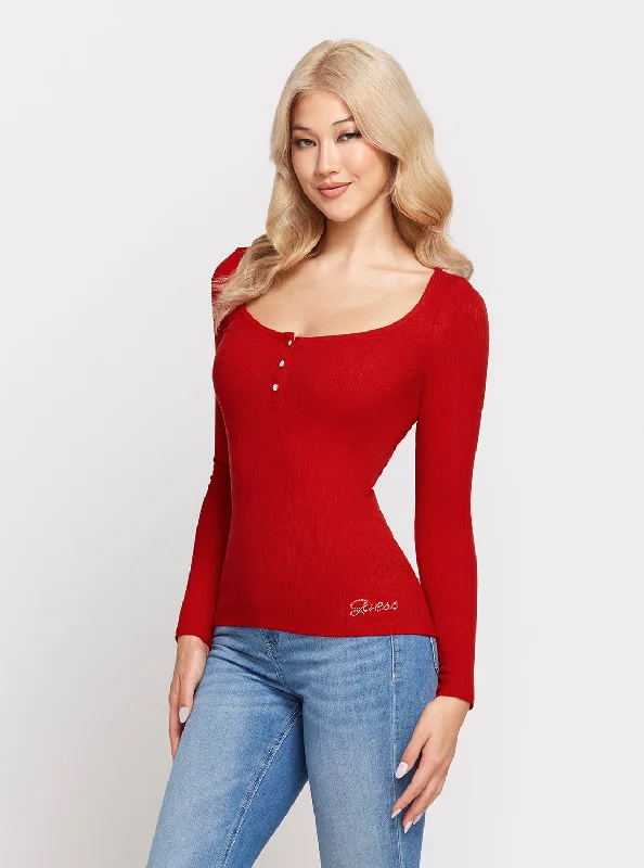 Eco Red Karlee Long Sleeve Button Top