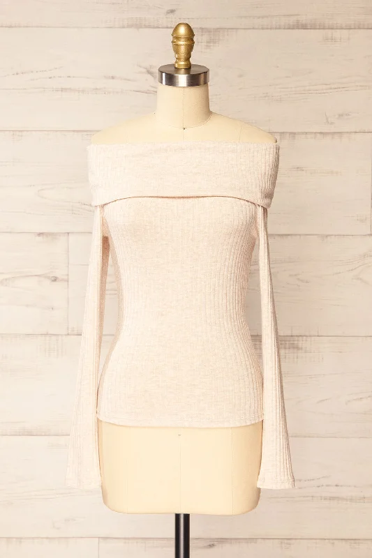 Fairford Beige | Off-Shoulder Long Sleeve Knit Top