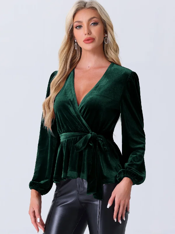 Velvet Wrap Tie Waist Long Sleeve Peplum Blouse