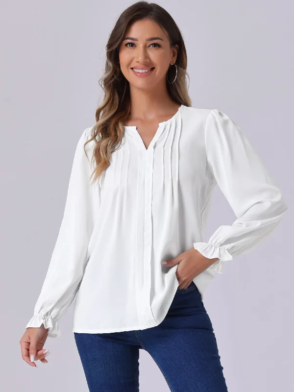 Notch Neck Pleated Long Sleeve Casual Blouse