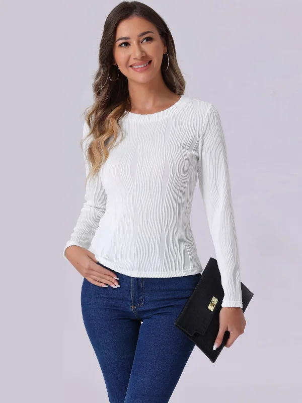 Long Sleeve Round Neck Textured Casual Blouse