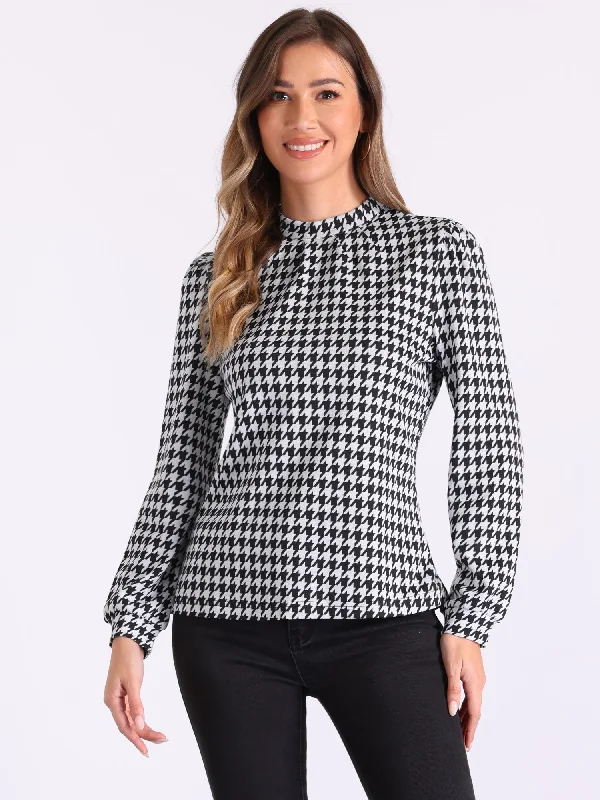 Houndstooth Mock Neck Long Sleeve Casual Blouse