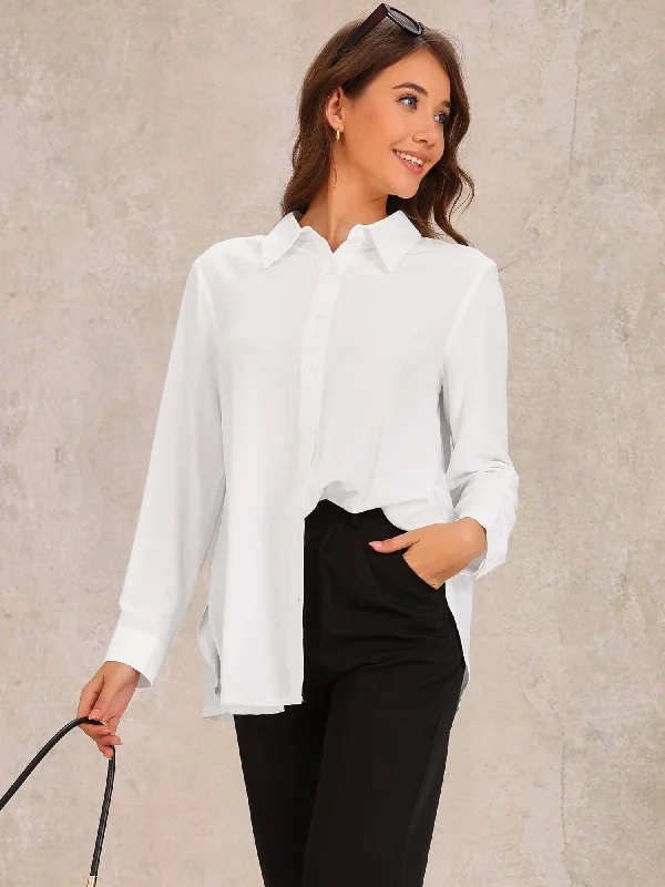 Button Down Collared Side Slit Long Sleeve Blouse