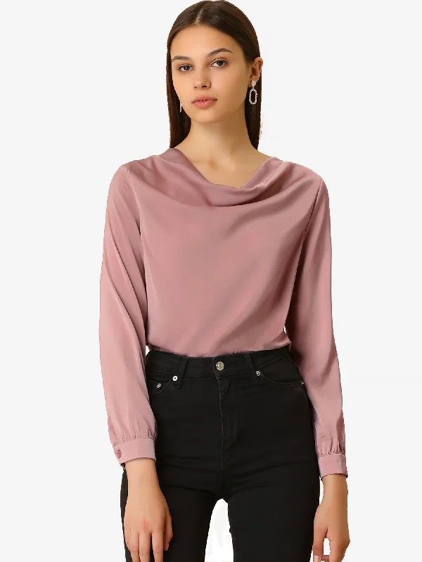 Cowl Neck Elegant Long Sleeve Satin Tops Blouse