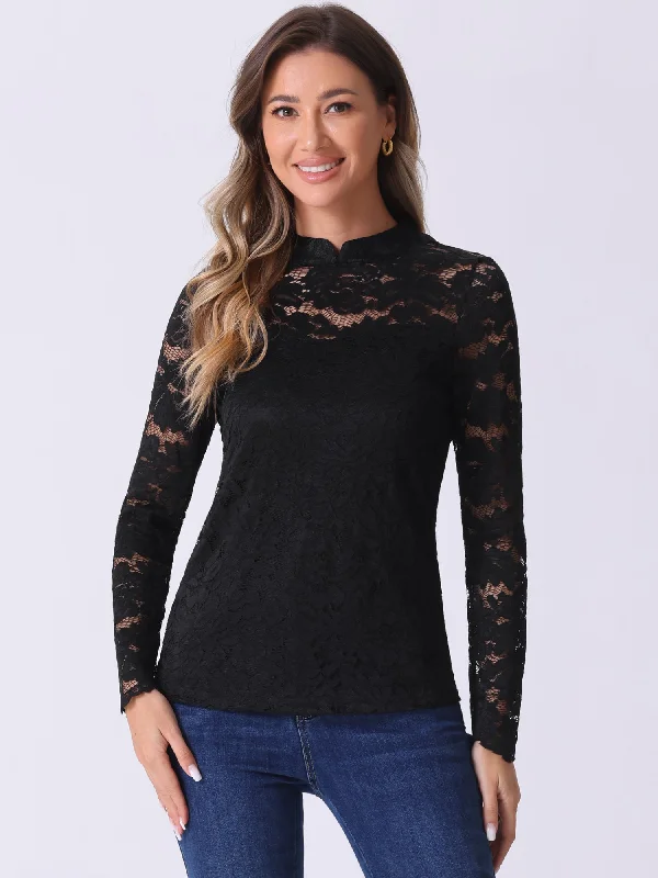 Sheer Lace Long Sleeve Mock Neck Casual Blouse