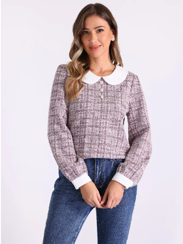 Tweed Button Decor Peter Pan Collar Long Sleeve Blouse